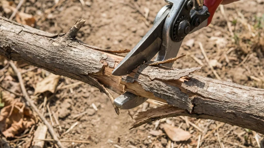 Tesoura de poda tipo bigorna cortando galho seco e duro, demonstrando o sistema de lâmina reta contra base plana para madeira morta