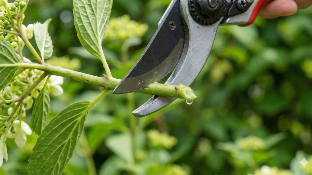 Tesoura de poda tipo bypass realizando corte limpo em galho verde e vivo