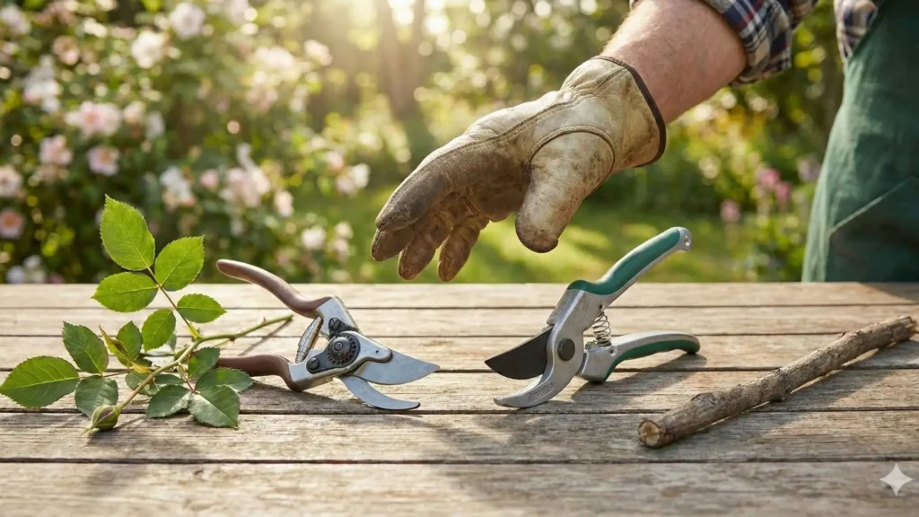 Tesoura de poda bypass e tesoura de poda bigorna lado a lado sobre mesa de madeira, representando a escolha entre os dois modelos