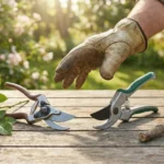 Tesoura de poda bypass e tesoura de poda bigorna lado a lado sobre mesa de madeira, representando a escolha entre os dois modelos