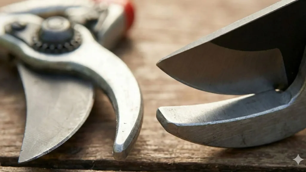 Detalhe das lâminas de tesoura de poda bypass e tesoura de poda bigorna, mostrando a diferença entre o corte deslizante da bypass e o corte por compressão da bigorna