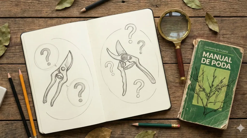 “Ilustração com desenhos de tesoura de poda bypass e bigorna em um caderno, representando a decisão final sobre qual ferramenta escolher para podas eficientes.”