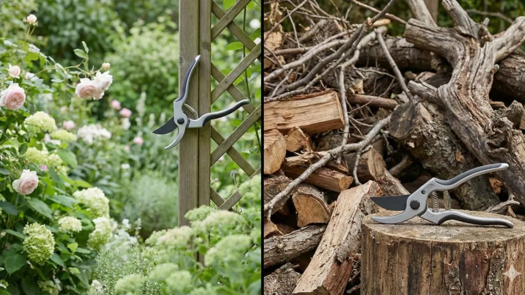 Comparação entre tesoura de poda bypass para plantas vivas e tesoura de poda bigorna para galhos secos, mostrando qual a melhor opção para cada tipo de planta