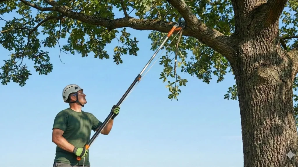Tesoura de poda com cabo longo sendo usada para alcançar e cortar galhos altos com segurança