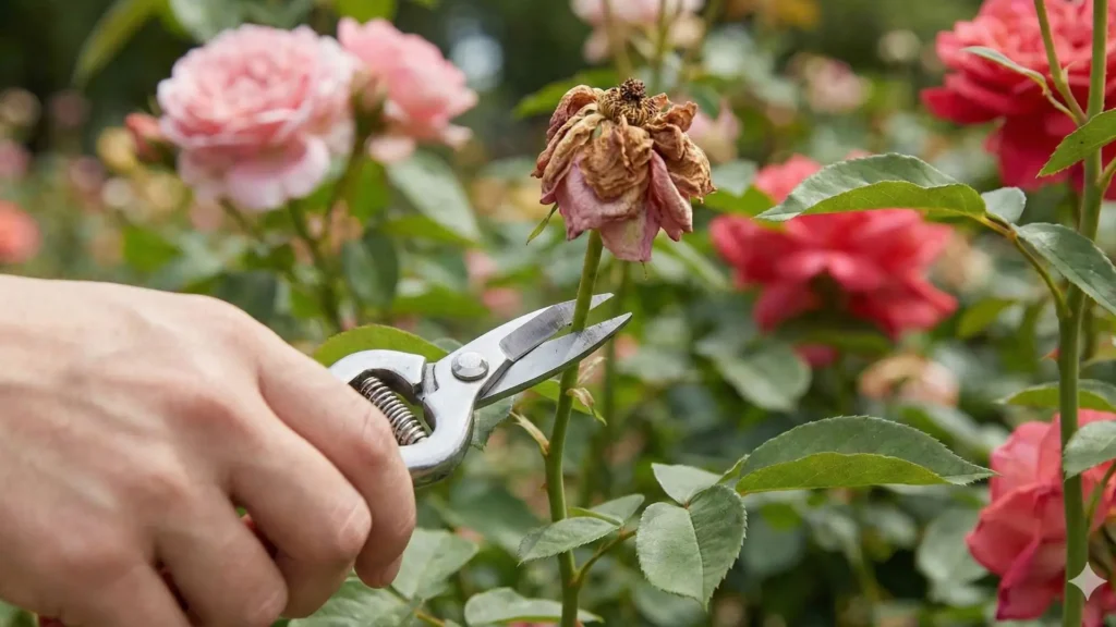 Tesoura de poda para galhos finos e flores realizando corte preciso em rosa no jardim