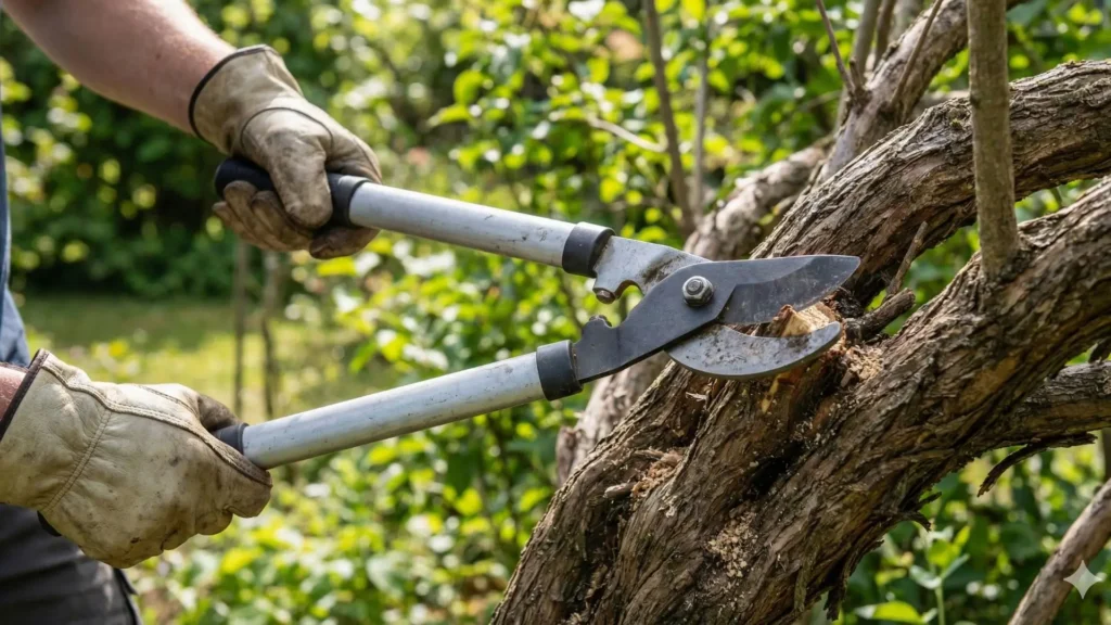Tesoura de poda para galhos grossos sendo usada no corte de galho espesso em árvore