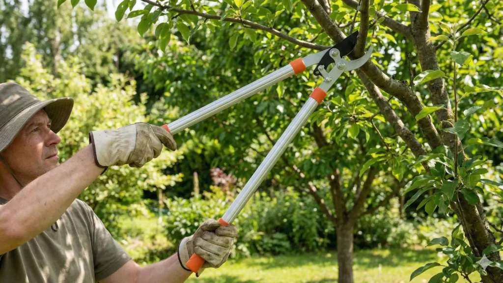 Tesoura de poda para galhos grossos sendo usada para cortar galho mais espesso de árvore durante poda de manutenção no jardim