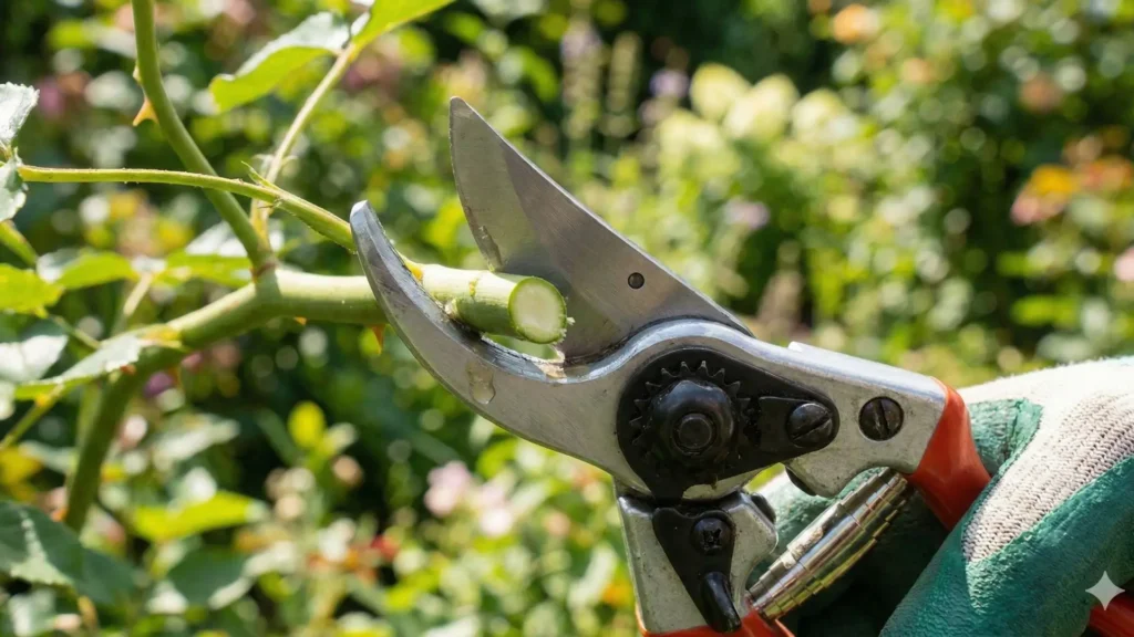 Teste de corte após afiação da tesoura de poda mostrando corte limpo e preciso no galho