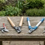 Tipos de tesoura de poda dispostas sobre mesa de madeira em jardim, mostrando modelos manual, podão, telescópica e tesoura para flores