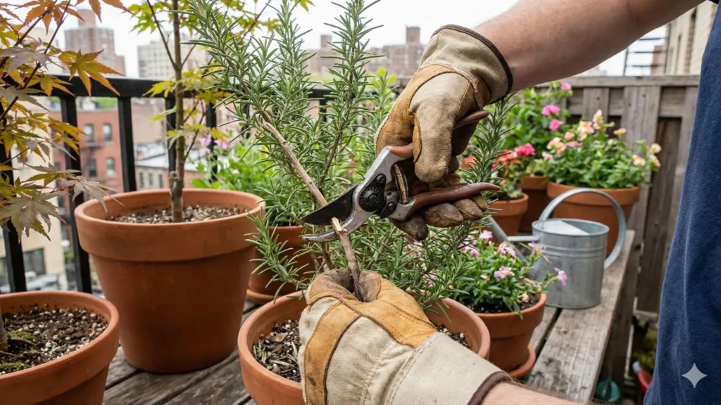 Tesoura de poda sendo usada com cuidado em planta cultivada em vaso, representando o cuidado diário e consciente com o jardim