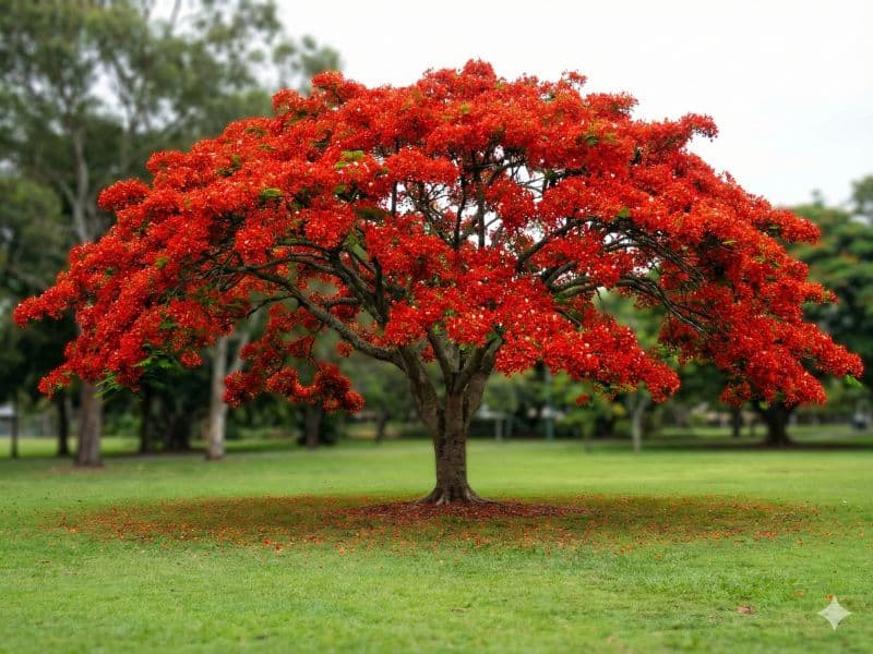 Árvores de floração intensa com copa ampla e flores vermelhas criam forte impacto visual no paisagismo
