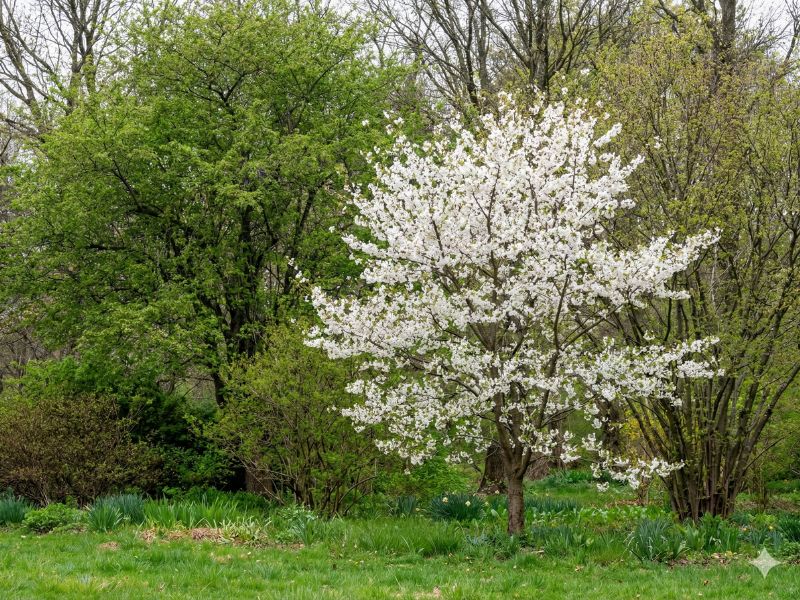 Árvores de floração sazonal com flores brancas criam destaque visual em períodos específicos do ano
