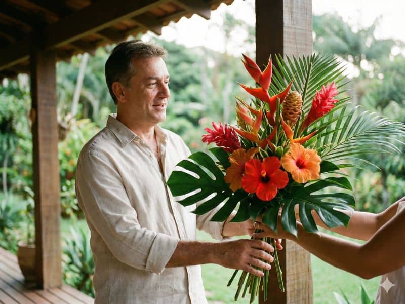 Buquê de flores para homens com flores tropicais sendo entregue como presente simbólico