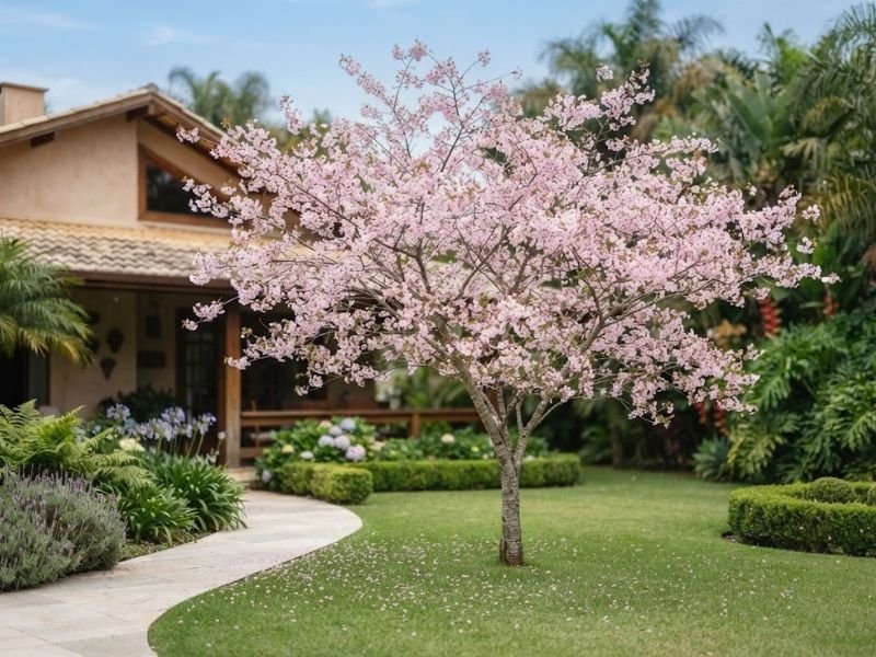 Cerejeira do Japão com flores rosadas em jardim ornamental residencial.