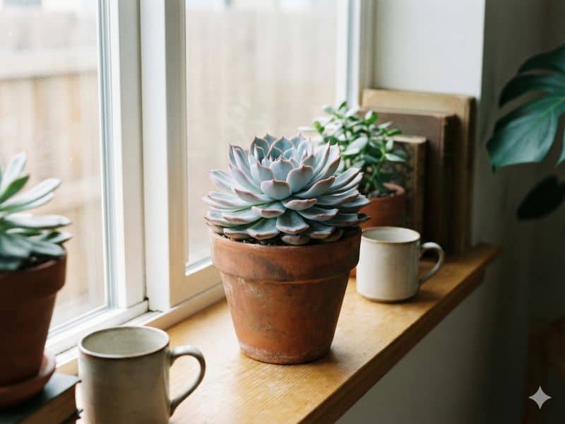 Echeveria elegans em vaso de barro posicionada próxima à janela, recebendo luz natural ideal para o cultivo saudável da suculenta rosa-de-pedra
