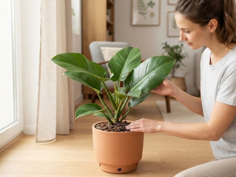 Pessoa verificando o substrato e as folhas de um pacová cultivado dentro de casa