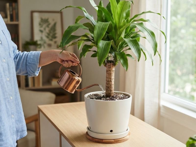 Pau d’água saudável em vaso sendo regado próximo de janela com luz indireta