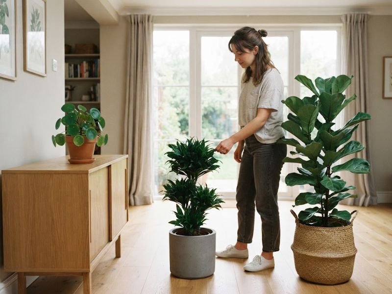 Pessoa escolhendo entre pilea, dracena compacta e Ficus lyrata para cultivar dentro de casa