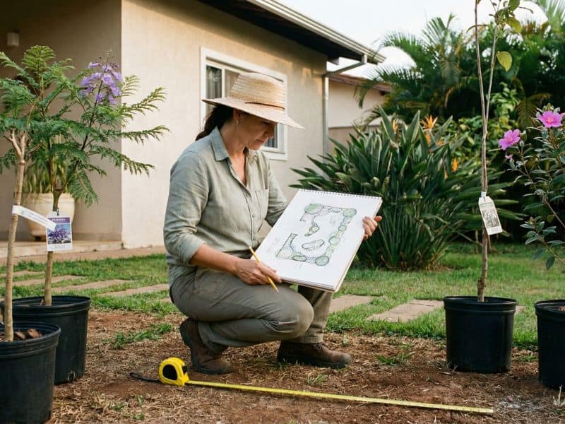pessoa planejando posicionamento de árvores ornamentais no jardim com desenho paisagístico e trena no solo