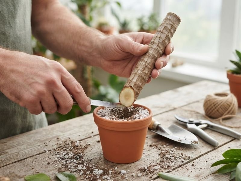 Mãos preparando segmento de caule de pau d’água para fazer uma nova muda