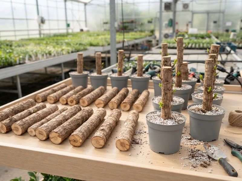 Segmentos de caule de pau d’água em viveiro com novas brotações surgindo após o enraizamento
