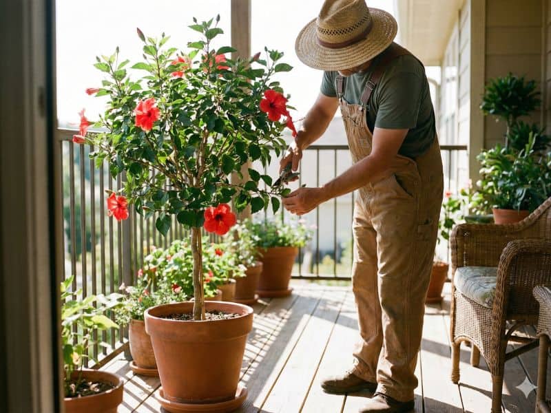 Jardineiro demonstrando como podar hibisco em vaso com corte técnico em planta florida na varanda