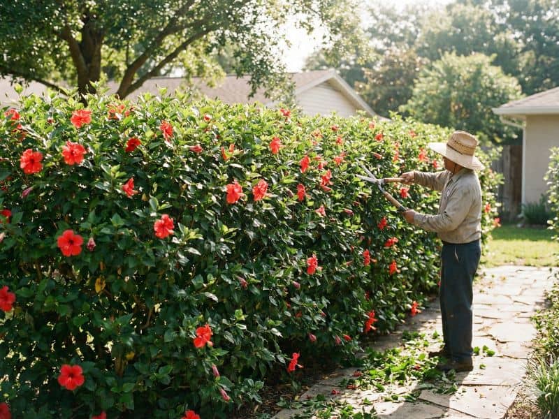 Jardineiro demonstrando como podar hibisco para cerca viva com corte lateral para manter alinhamento