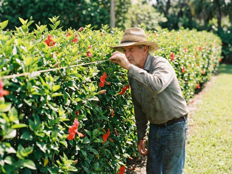 Jardineiro alinhando topo da cerca ao aplicar como podar hibisco para cerca viva corretamente