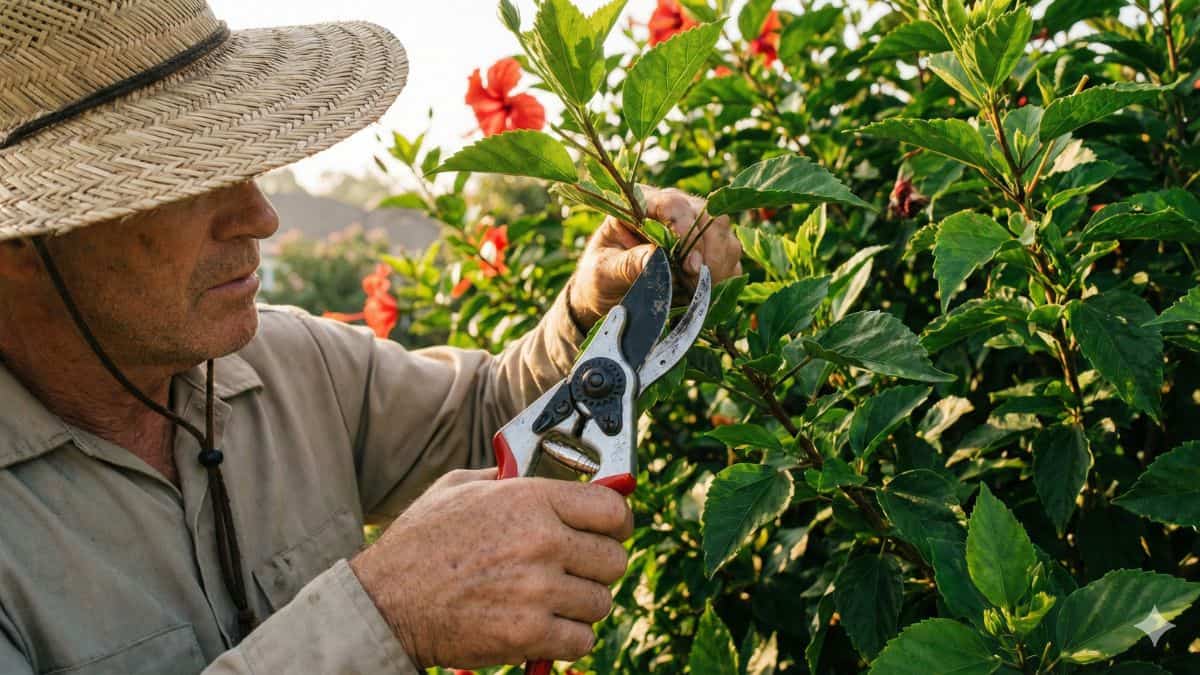 Jardineiro aplicando técnica de como podar hibiscos com tesoura profissional em planta florida no jardim