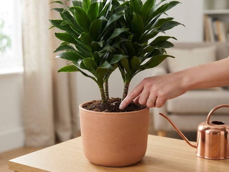 Mão verificando a umidade do substrato de uma dracena compacta antes da rega