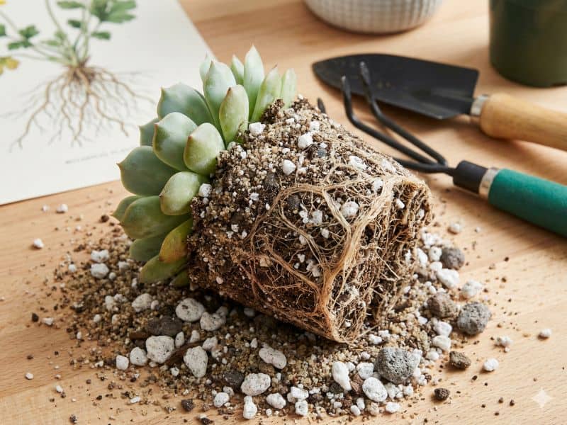 Echeveria elegans sendo retirada do vaso, com raízes expostas e substrato seco, ilustrando os cuidados ao transplantar a suculenta rosa-de-pedra
