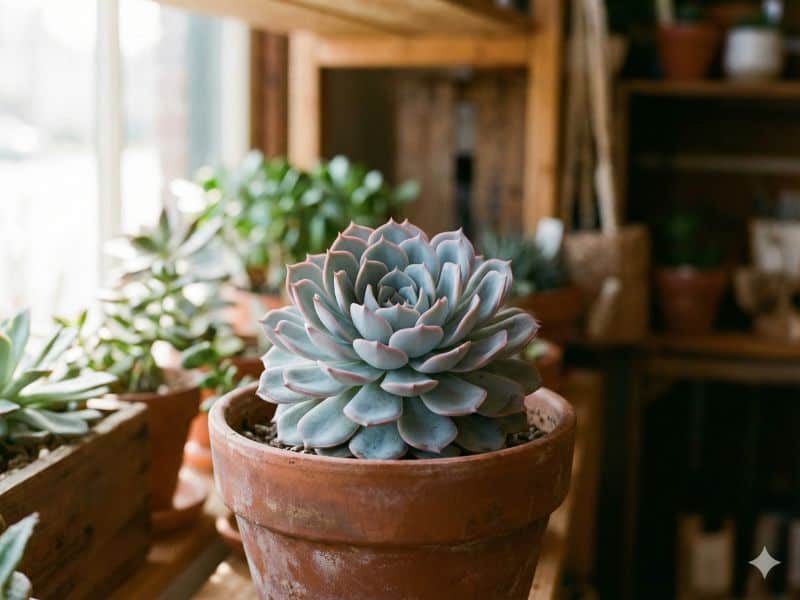 Echeveria elegans cultivada em ambiente interno, em vaso de barro próximo à janela, recebendo luz natural ideal para apartamentos
