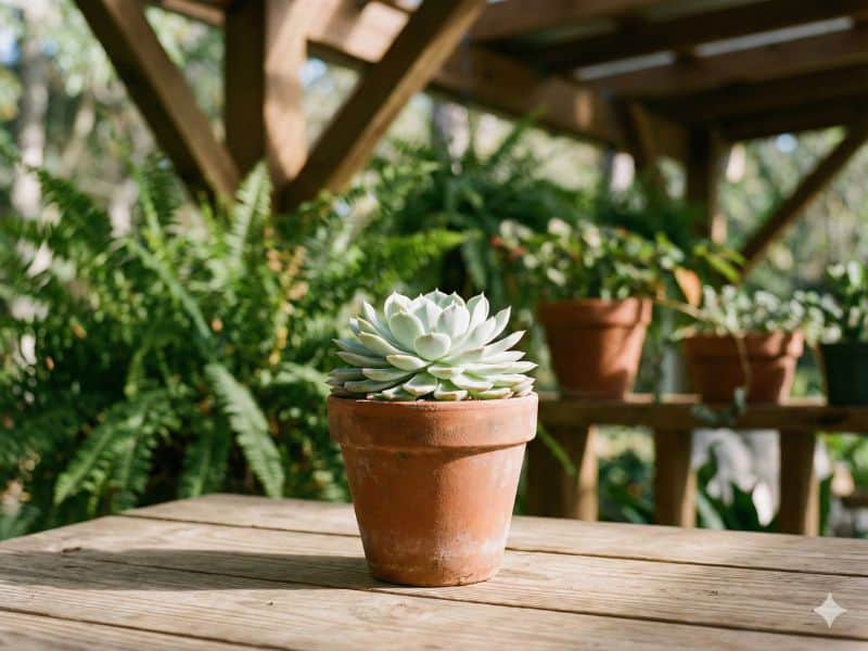 Echeveria elegans cultivada em área externa, em vaso de barro sobre mesa de madeira, recebendo luz natural ideal para jardins e varandas
