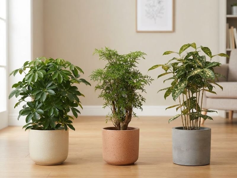 Cheflera-anã, árvore-da-felicidade e Dracaena surculosa em vasos dentro de casa