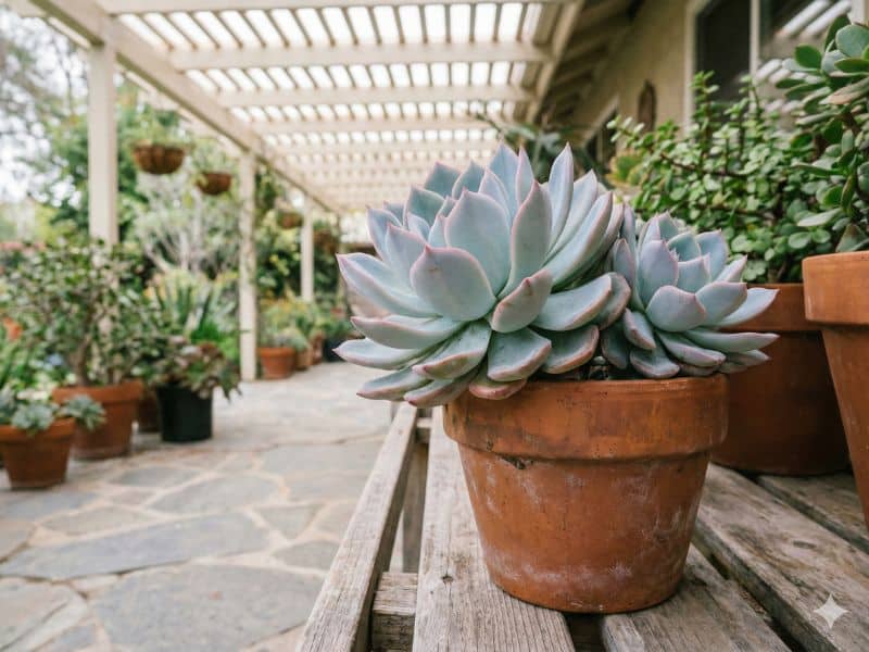 Echeveria elegans usada na decoração em vaso de barro, com rosetas azul-esverdeadas e bordas rosadas, compondo ambiente externo elegante
