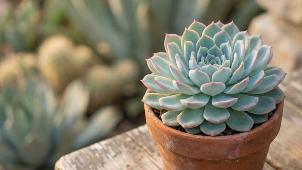 Echeveria elegans em vaso de barro, com roseta simétrica e folhas azul-esverdeadas com bordas rosadas, suculenta rosa-de-pedra em destaque