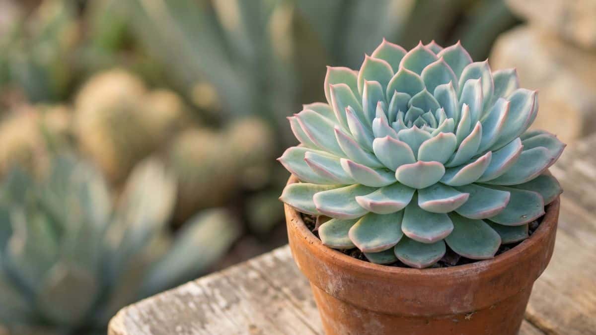 Echeveria elegans em vaso de barro, com roseta simétrica e folhas azul-esverdeadas com bordas rosadas, suculenta rosa-de-pedra em destaque