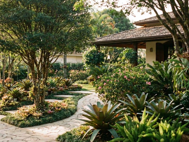 jardim residencial com árvores ornamentais integradas ao paisagismo mostrando equilíbrio entre plantas e circulação