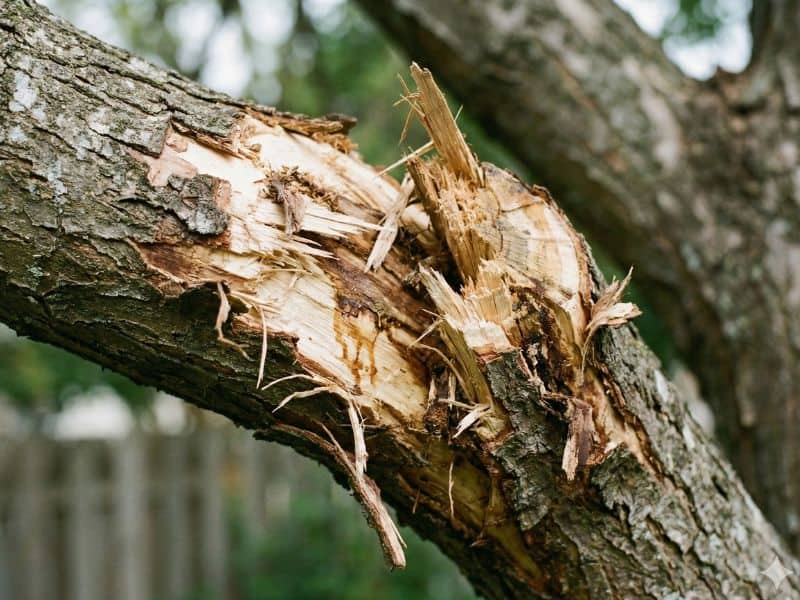 erro em podas de árvores com galho estrutural rachado por uso de ferramenta inadequada