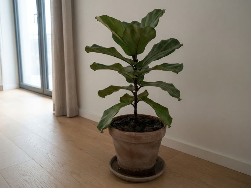 Ficus lyrata em local pouco iluminado com substrato excessivamente úmido