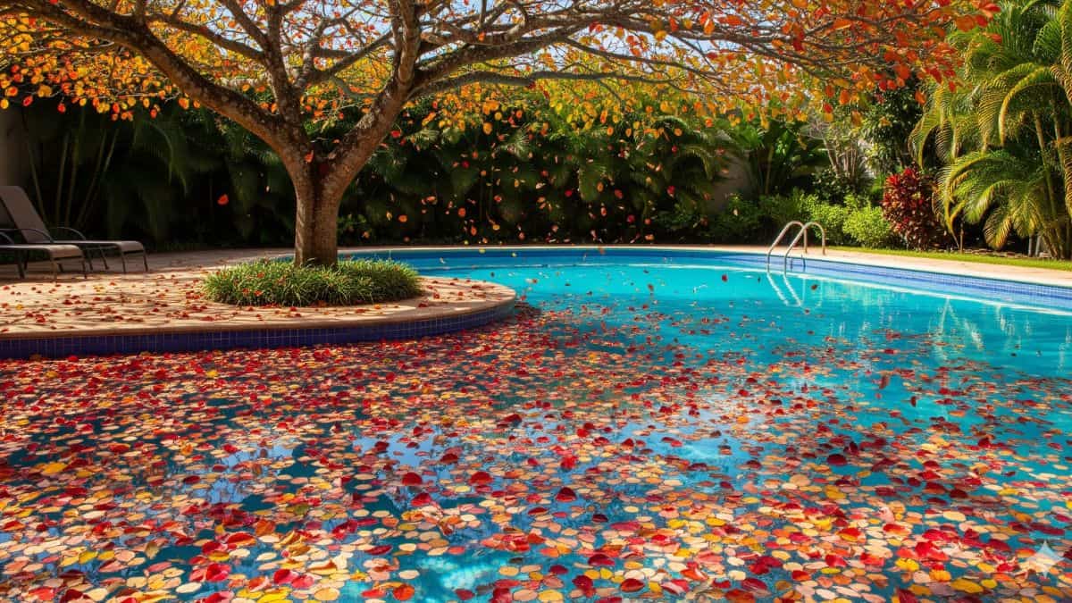 árvore ornamental próxima da piscina com grande quantidade de folhas coloridas acumuladas na água