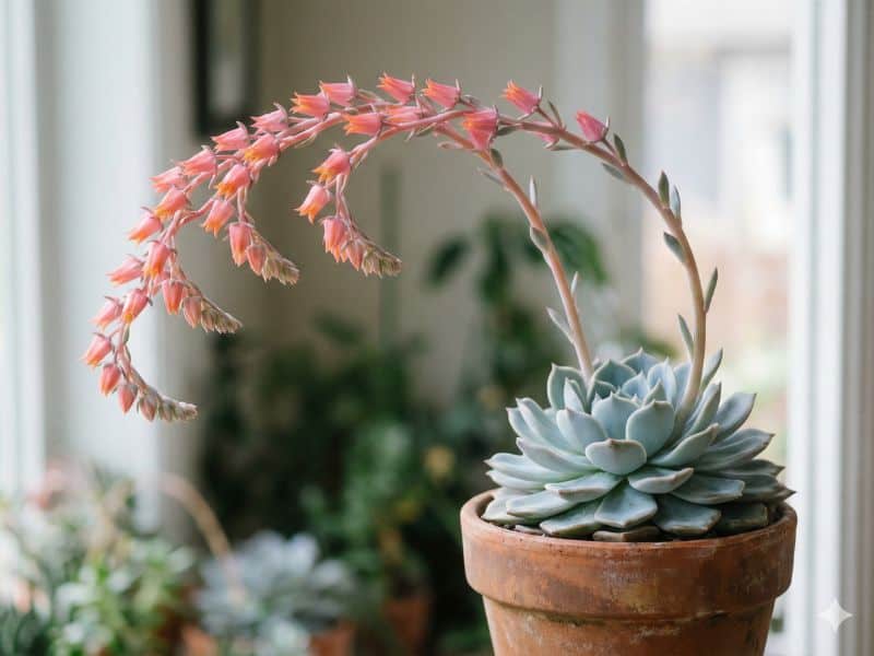 Floração da echeveria elegans com haste floral arqueada e flores rosadas, destacando a fase de floração da suculenta rosa-de-pedra
