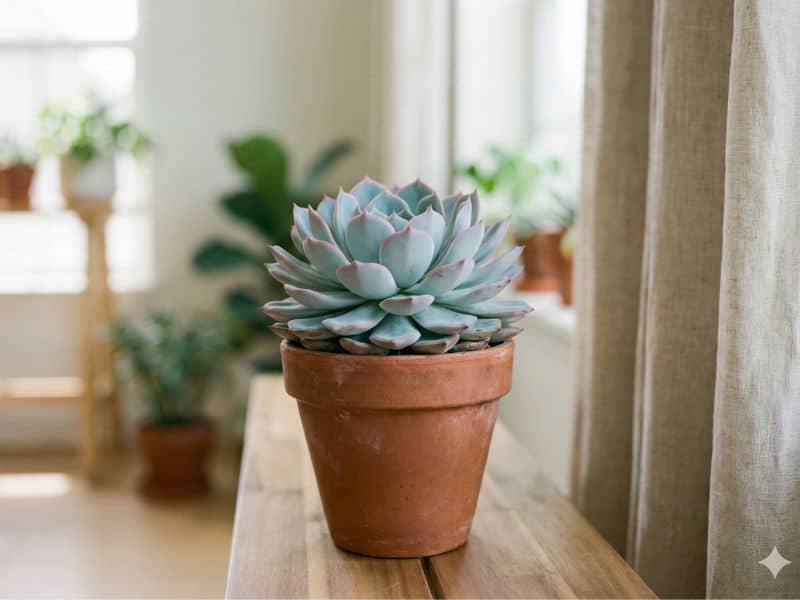 Echeveria elegans em vaso de barro posicionada próxima à janela, recebendo luz natural suave ideal para o cultivo saudável da suculenta rosa-de-pedra
