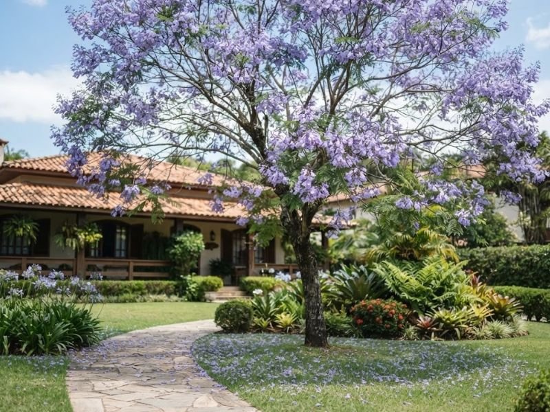 Jacarandá mimoso em floração com copa lilás em jardim residencial bem cuidado.