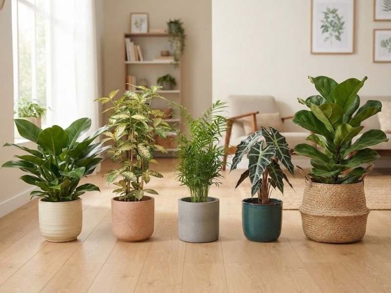 Pacová, Dracaena surculosa, camedórea, alocasia amazônica e Ficus lyrata em vasos separados