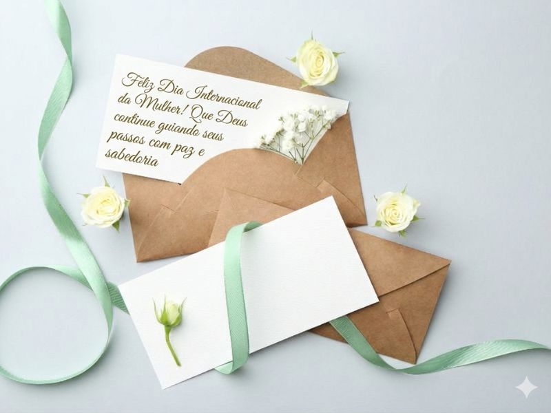 cartão com mensagem dia da mulher evangélica e espiritual sobre envelopes kraft com rosas brancas e fita verde