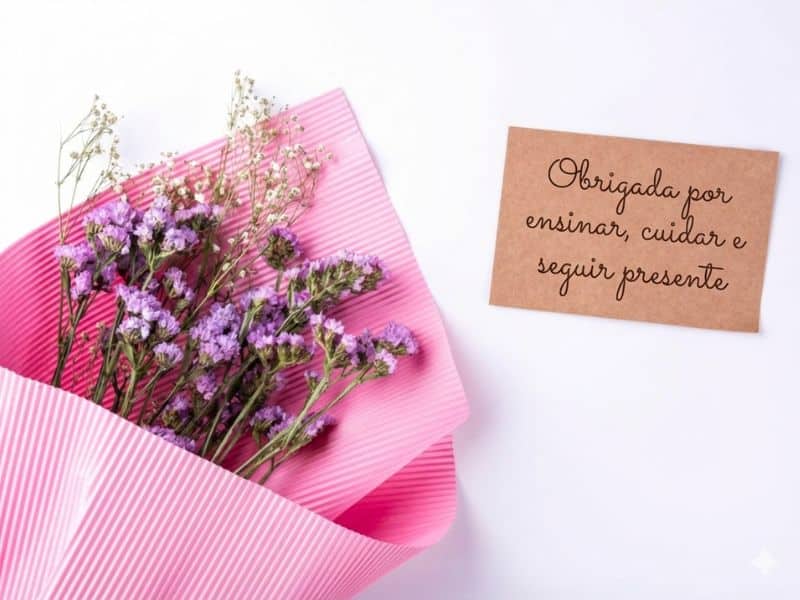 cartão com mensagem dia da mulher para mãe ao lado de flores delicadas embaladas em papel rosa