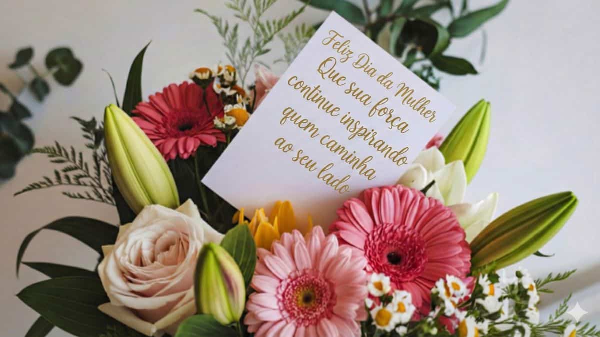 mensagens ao dia internacional da mulher em cartão branco posicionado entre flores coloridas formando capa delicada com arranjo floral