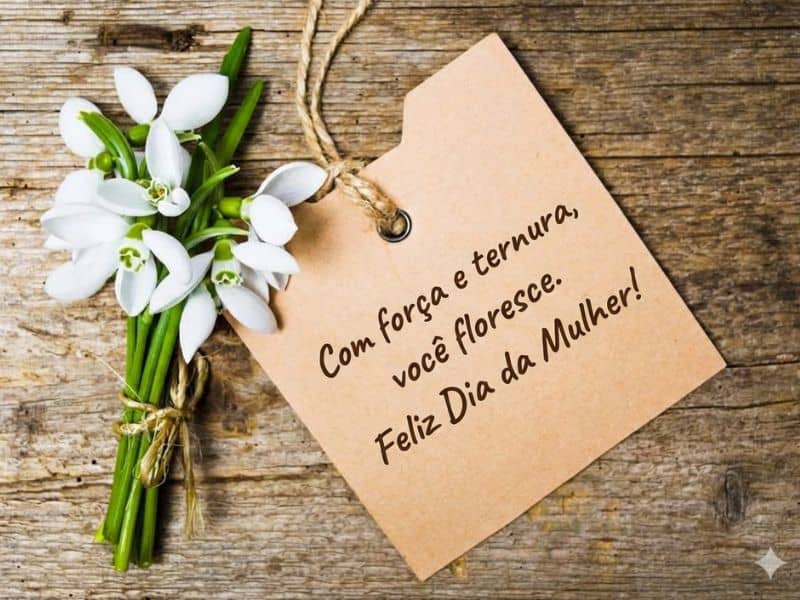 cartão com mensagem dia da mulher preso em tag kraft ao lado de pequenas flores brancas ilustrando lembrancinhas com significado