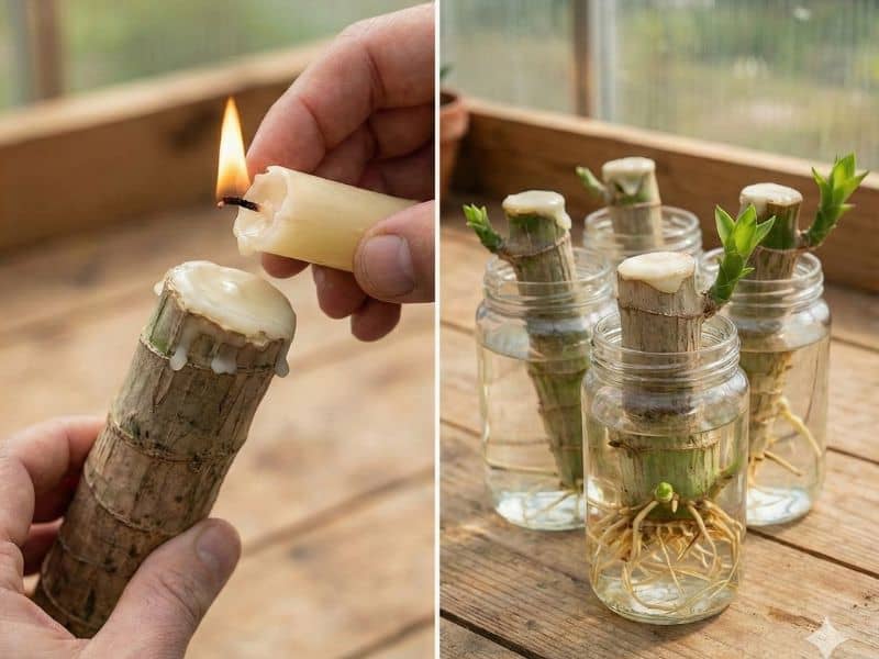 Muda de pau-d’água sendo feita em casa, com selagem do caule com vela e enraizamento em água
